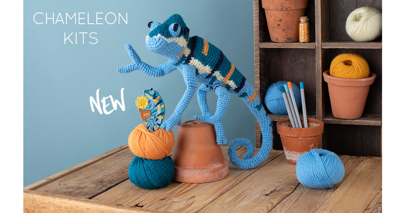 Chameleon kits new crochet patterns by Kerry Lord